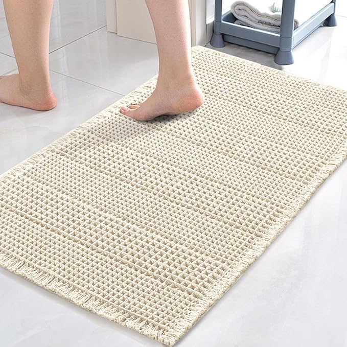 H.VERSAILTEX Upgraded Waffle Bath Mat Super Absorbent Bathroom Mats Non Slip Bath Rugs for Bathroom Floor Machine Washable Dry Fast Bathroom Rugs for Beside Tub, 20" x 32", Ivory