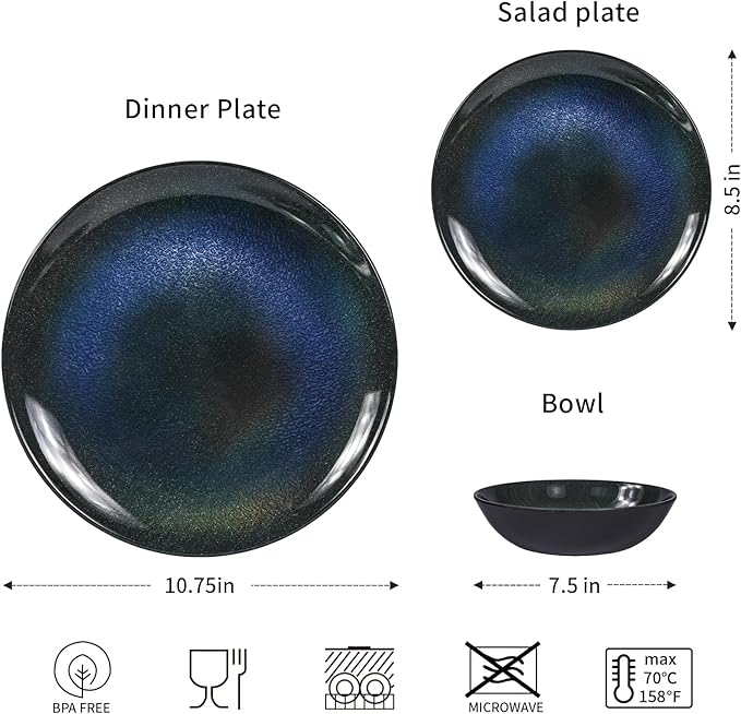 Melamine Dinnerware Set, 12pcs Plates and Bowls Set, Blue Dinner Dishes Set for Indoor and Outdoor, BPA-Free, Dishwasher Safe