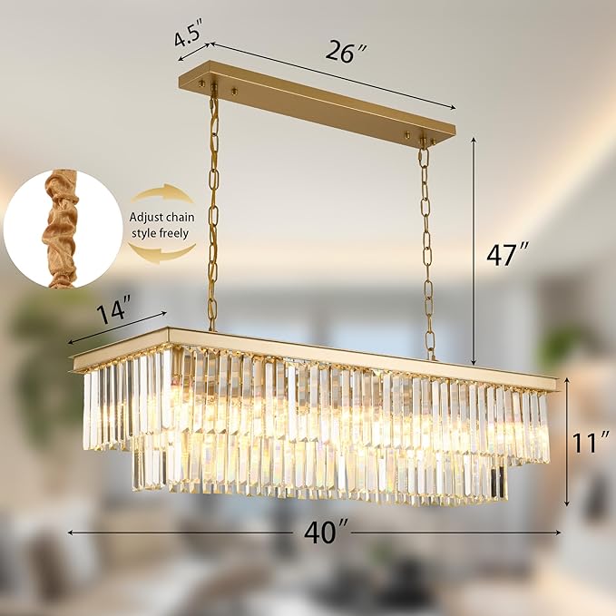 Gold Rectangular Chandelier 40 Inch-10-Light Luxury Crystal Pendant Lighting for Dining Room, Kitchen Island & Bar-Adjustable Height, Flush Mount Ceiling Fixture,Premium Lighting Fixture(Gold, L-40)
