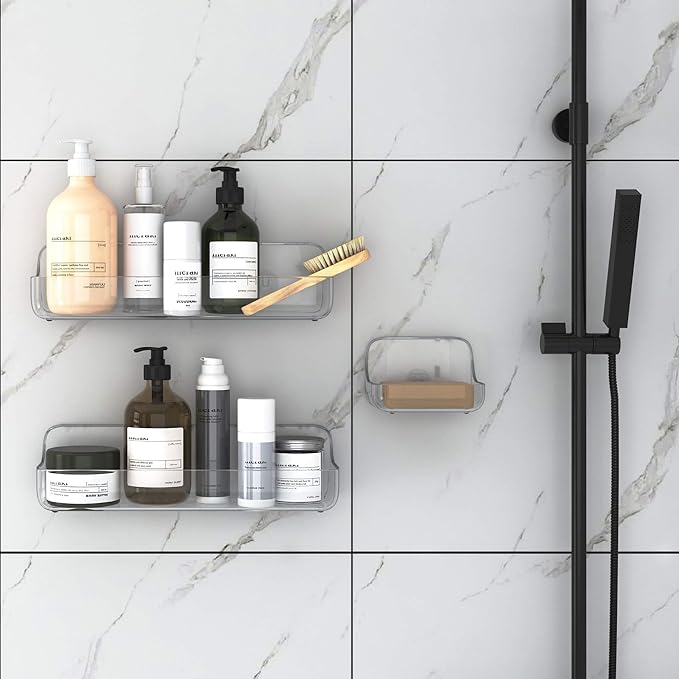 TZAMLI Shower Caddy with Soap Dish, Adhesive Shower Organizer Shelf Plastic Wall Mounted No Drilling Shelves for Bathroom Kitchen Storage (Clear, 3 Pack)