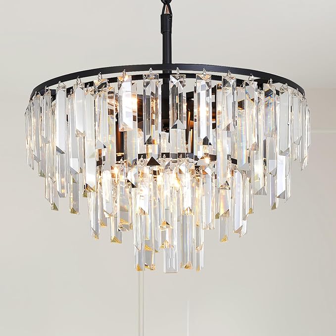 Black Crystal Chandelier Modern Round Dining Room Chandelier 4-Tier 6 Lights Dimmable Top K9 Luxury Ceiling Hanging Pendant Light Fixture for Dining Room Living Room Bedroom Foyer 18"
