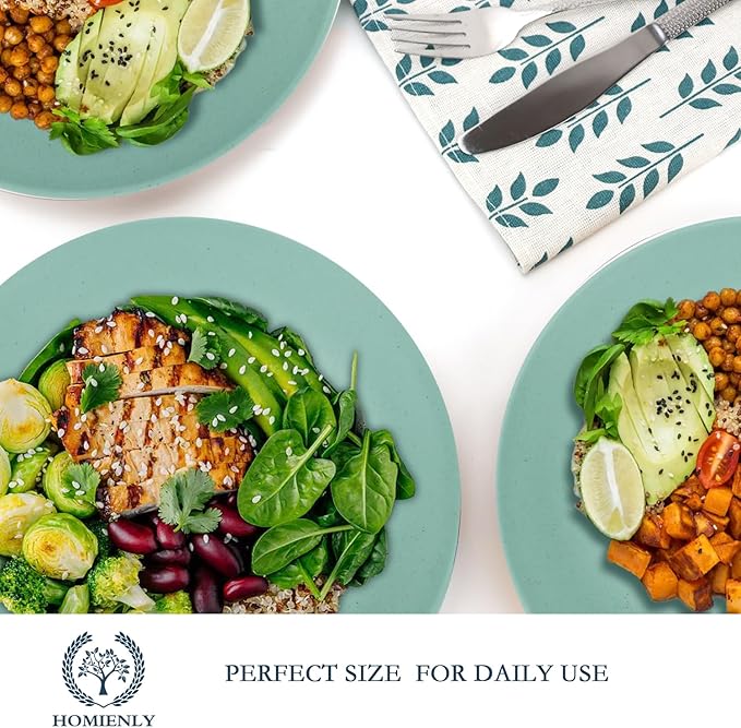 Flat Dinner Plates Set of 8 Alternative for Plastic Plates Microwave and Dishwasher Safe Wheat Straw Plates for Kitchen Unbreakable Kids Plates(Green,9 inch)