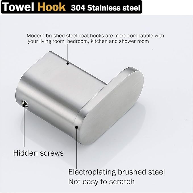 RANDOM Brushed Towel Hooks Bathroom Hardware Accessories Coat Hook 304 Stainless Steel Clothes Hook for Bath Kitchen Contemporary Hotel Style Wall Mounted 2 Pack. (Round, Brushed Steel).