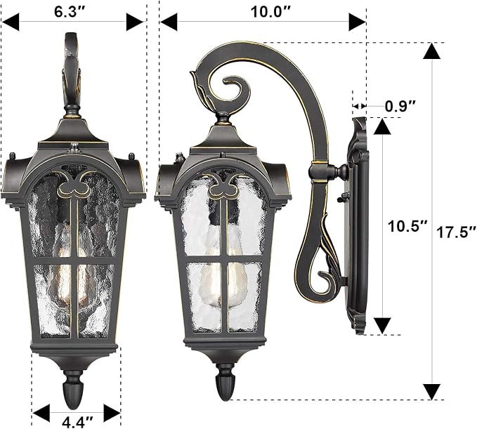 Emliviar Dusk to Dawn Sensor Outdoor Lighting - Farmhouse Outdoor Porch Lights for House 17.5 Inch, Black Finish with Water Glass Shade, WE215B-PC BG