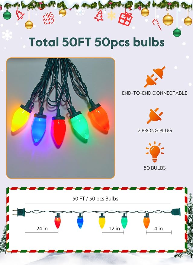 C9 Christmas Lights Outdoor, 50Feet Vintage Christmas String Lights with 50 Colored Bulbs, Connectable Waterproof Lights for Holiday Party Roofline Backyard Garden Patio, Green Wire (Multicolor)