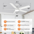 YUHAO 48 Inch White Ceiling Fan with Light and Remote Control.Noiseless,Dimmable, 3CCT,6 Speeds Reversible, Modern DC Ceiling Fans for Indoor Use