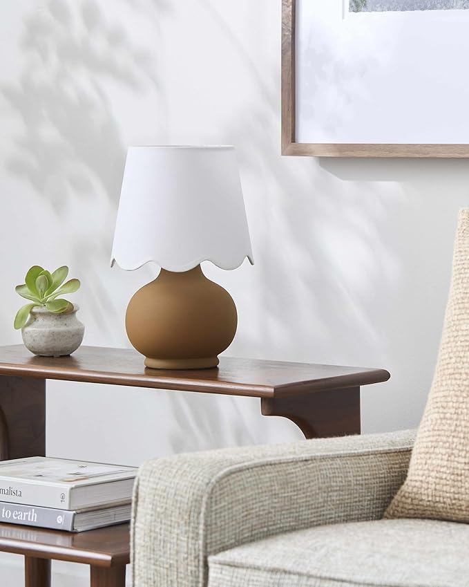 BoutiqueRugs Navarro Boho Ceramic Bedside Table Lamp for Bedroom Nightstand and Living Room - Shade Cotton - Brown, White - 13" H