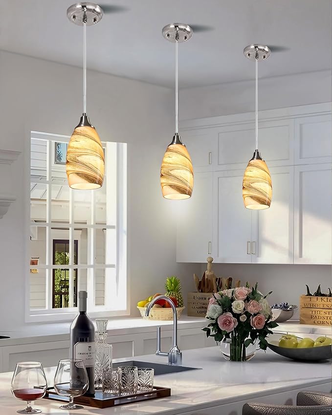 Mini Pendant Lights Kitchen Island Light Brown Glass Lamp Shade Hand Blown Glass Pendant Light with Brush Nickel Finish Adjustable Cord for Kitchen Over Sink, Dining Room (Light Brown-3P)