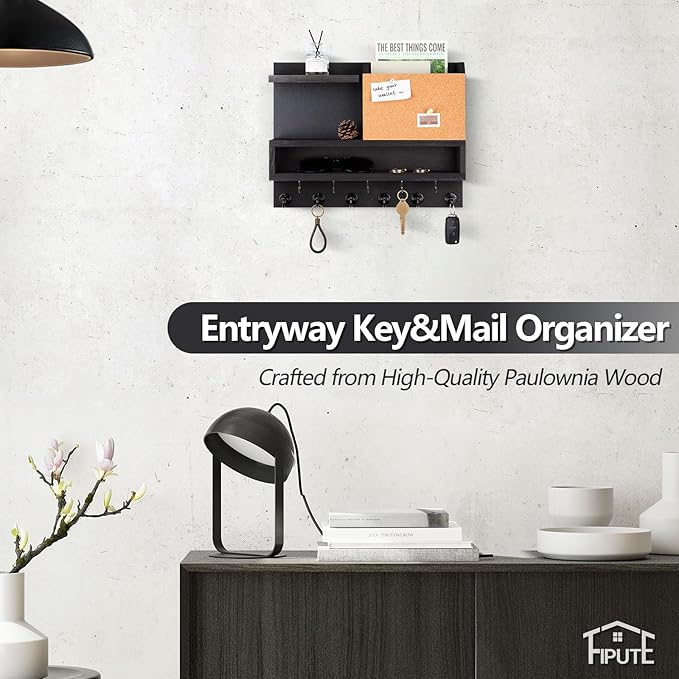 Key Holder for Wall Mount with Mail Organizer, Farmhouse Key Holder for Wall with Shelf, Chalkboard&Corkboard, Entryway Organizer 11 Metal Hooks, Decorative Natural Pine Wood, 14.6*11.1*3.3”, B-Black