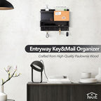 Key Holder for Wall Mount with Mail Organizer, Farmhouse Key Holder for Wall with Shelf, Chalkboard&Corkboard, Entryway Organizer 11 Metal Hooks, Decorative Natural Pine Wood, 14.6*11.1*3.3”, B-Black