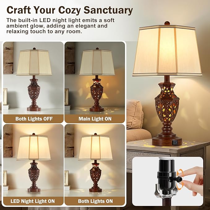 Lamps for Night Stands Set of 2-23.5" Vintage Bedside Lamp with USB A+C and Nightlight - Brown Retro Carved Resin Farmhouse Desk Lamp for Bedrooms, End Tables, Living Room, Bulbs Included