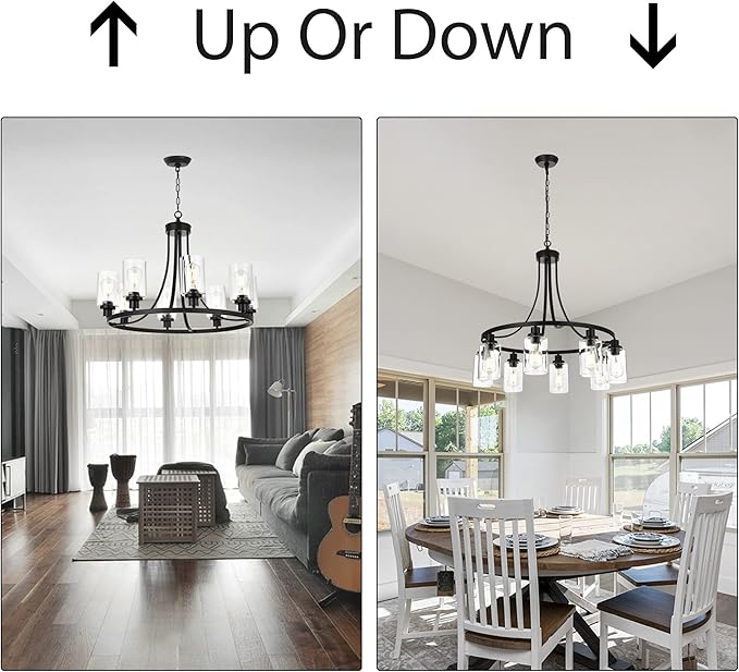 MELUCEE Black Chandelier 8 Lights, Kitchen Island Lighting Industrial Chandelier with Clear Glass Shade, Farmhouse Pendant Light for Dining Room Living Room Bedroom