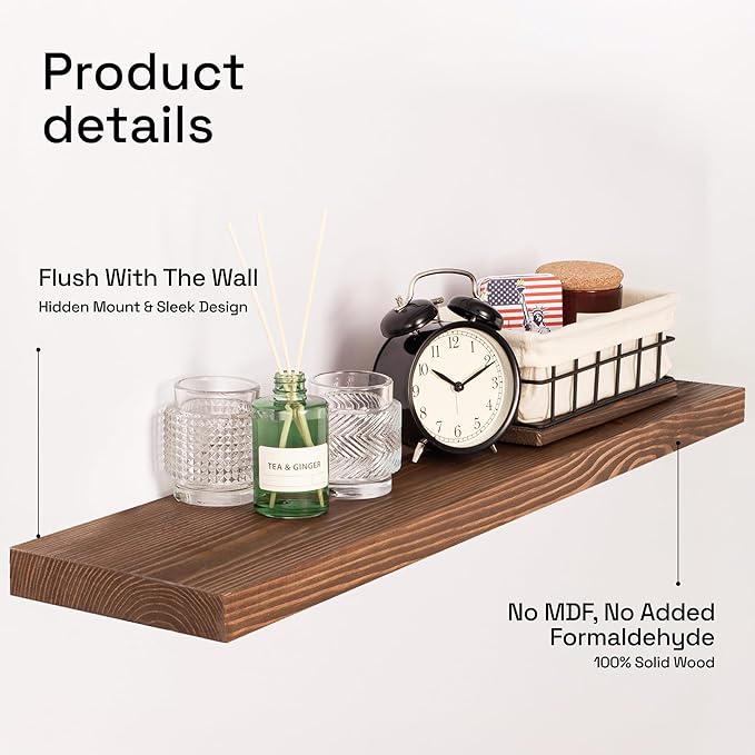 BAOBAB WORKSHOP Wood Floating Shelves for Wall 30 Inches Long, Solid Wooden Bathroom Shelf Large, Heavy Duty Wall Shelf 30 Inch Kitchen Bedroom Rustic Farmhouse, Walnut Shelves, 30W × 6.7D, Set of 2