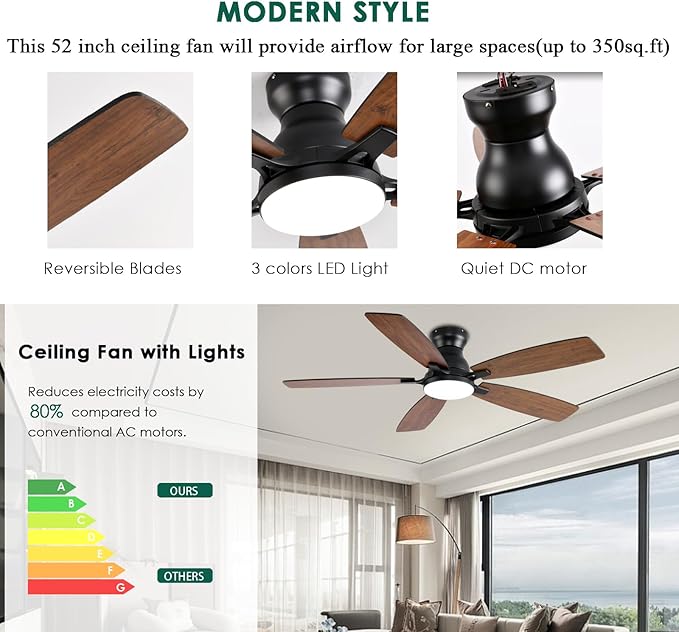 52inch Ceiling Fans with Lights, Low Profile Ceiling Fan with Light and Remote/APP Control, DC Reversible Motor, Noiseless, Flush Mount, Brown Ceiling Fan for Bedroom Indoor/Outdoor Use