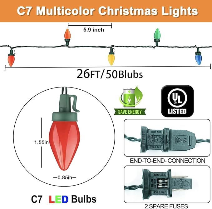 Couah C7 Christmas LED String Lights - 26Ft LED Vintage Multicolor Lights with 50 LED Colorful Bulbs, Outdoor String Lights for Christmas Party Backyard Wedding- Green Wire
