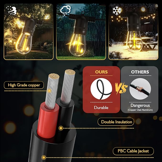 S14 Solar String Lights Outdoor with Remote 100 FT, USB & Solar Dual Charging, Waterproof, 8 Modes 3 Timers, 34+3 LED Shatterproof Bulbs, Dimmable Solar Light for Camping Backyard Bistro Porch Garden