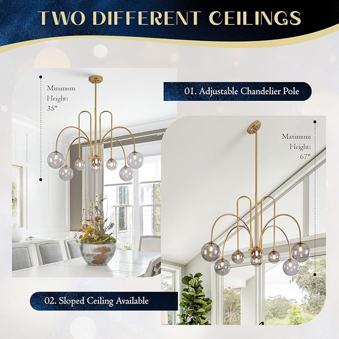 Modern Chandelier 8 Lights Gold Sputnik Light Fixture Large Luxury L41” Mid Century Smoke Glass Globe Ceiling Pendant Lighting for Foyer Staircase Living Dining Room Kitchen