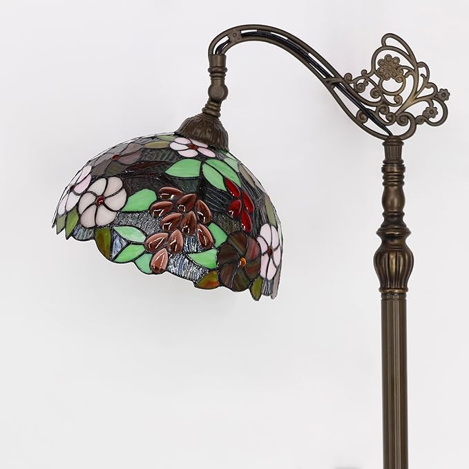 Tiffany Floor Lamp Stained Glass Purple Grape Style Arched Reading Light Gooseneck Adjustable Corner Standing Lamp 12X16X66 Inch for Bedroom Living Room Home Office