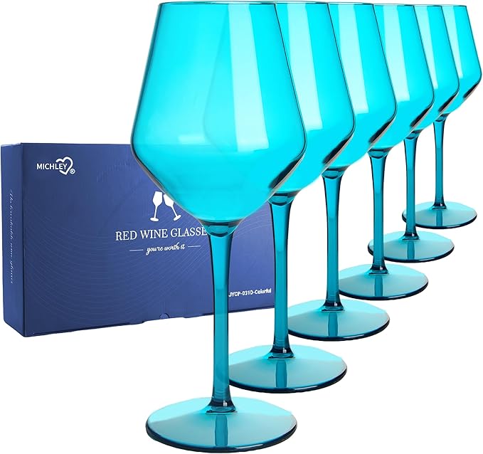 MICHLEY Colored Wine Glasses Set of 6 Long Stem Red White Tritan-Plastic Glassware Gift 15oz for Outdoor Home Party, Lake Blue
