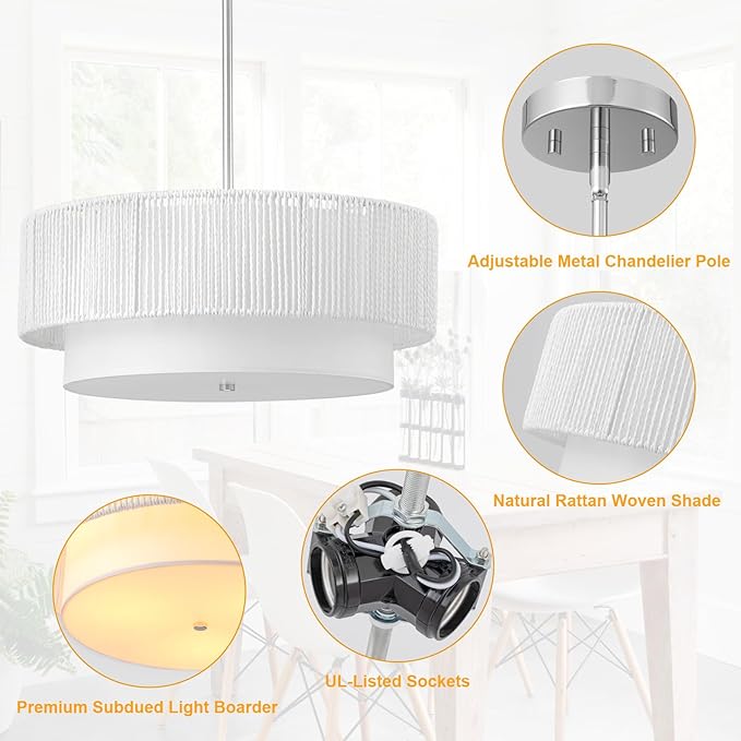 18'' Farmhouse Rattan Chandeliers for Dining Room,3-Light Boho Light Fixtures Rattan Pendant Light Fixture with Fabric Shade Drum Chandeliers for Bedroom Dining Room Foyer Kitchen Hallway（White）