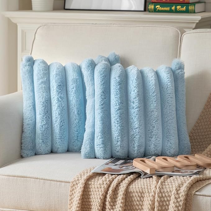 Faux Fur Plush Throw Pillow Covers 16x16 Inch Set of 2 - Luxury Decorative Fuzzy Striped Soft Cozy Pillowcase for Couch, Sofa, Living Room - Blue