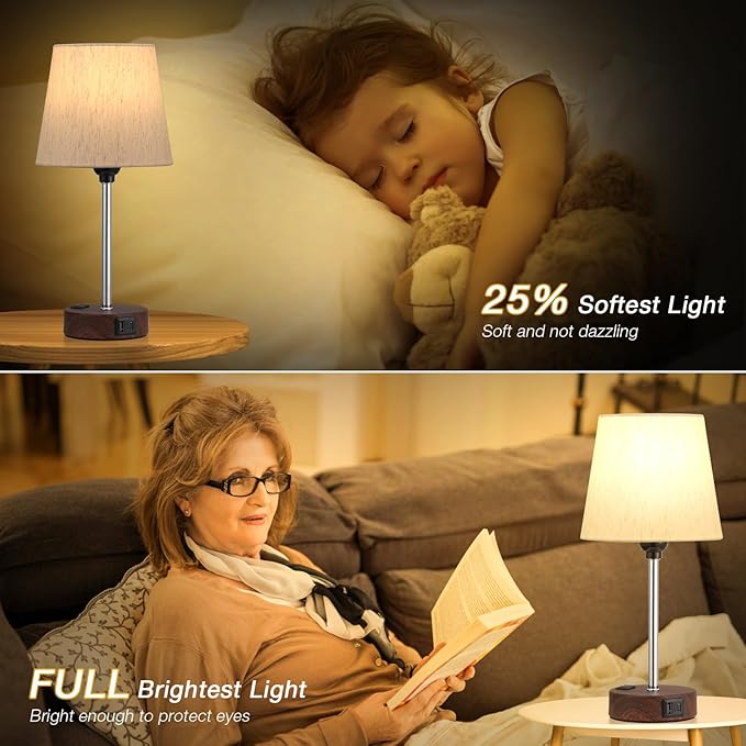 Reddish Brown Bedside Lamps Set of 2 - Nightstand Bedroom Lamp with USB C Port and AC Outlet Charging, 3 Way Dimmable Touch Control Small Bed Side Table Lamp, Nightstand Light