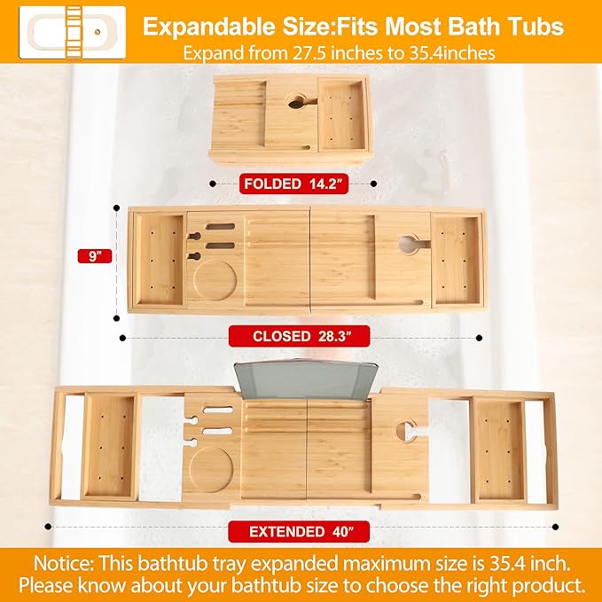 Premium Bathtub Tray Caddy, Expandable Bath Tray for Bath Tub, Bath/Bathtub Table Tray, Great House Warming, Anniversary & Wedding and Unique Birthday Gifts