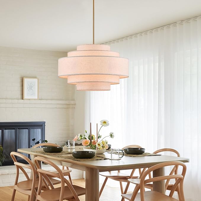Modern 26" Large Drum Chandelier 6-Lights Vintage Modern Chandelier Light Fixture with Linen Shade Retro Farmhouse Drum Chandeliers for Dining Room, Kitchen Island, Living Room, Bedroom