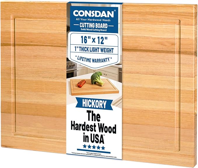 CONSDAN Wood Cutting Board for Kitchen, 16 x 12, USA Grown Solid Hickory Hardwood, Edge Grain, Chopping Board, Butcher Block with Juice Groove, Prefinished with Food-Safe Oil, 1" Thick