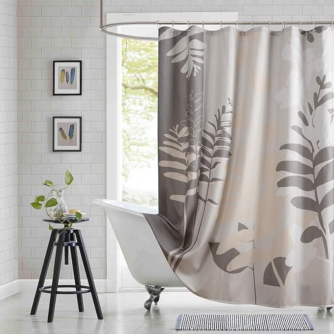 Long Fabric Shower Curtain, Gray and Tan Tropic Botanical Plant Shower Curtains for Bathroom, Modern Decorative Bathroom Curtains, 78“ W x 78” H