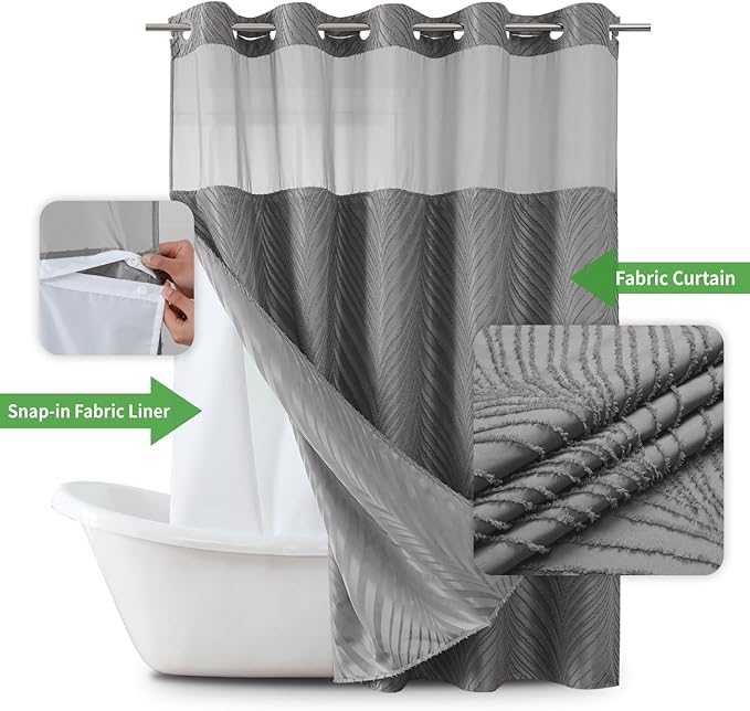 no Hook Shower Curtain and Liner Set，Boho Style with See Through Top Window, Grey Fabric Tufted Striped Textured Outer Curtain & Waterproof Inner Liner, Grey/Gray, 71Wx74H