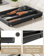 Aujen Silverware Organizer - Expandable Utensil Drawer Organizer with Non-Slip Pads, Adjustable Kitchen Drawer Organizer For Home, Apartment and Kitchen Essentials, Black, 13.6" x 1.4" x 11.0"~19.9"