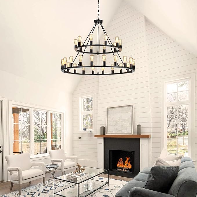 2 Tier Wagon Wheel Chandelier | 30-Lights 48 Inch Extra Large Chandeliers for High Ceilings | Black Wagon Wheel Light Fixture for Foyer | Entryway | Living Room