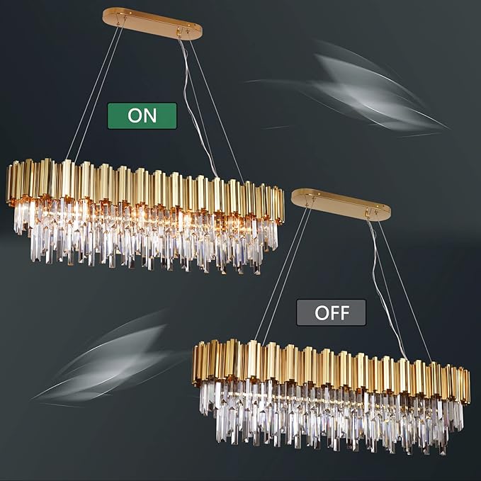 L43.3 Modern Rectangle Crystal Chandelier Gold Linear Pendant Ceiling Light Fixture for Dining Room Contemporary Oval Raindrop Chandeliers Lighting for Kitchen Island 13-Light