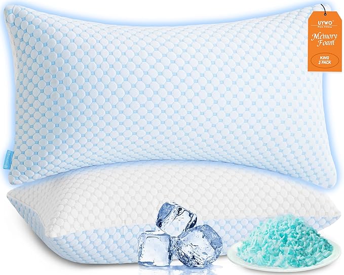 Cooling Memory Foam Pillows for Sleeping Firm and Soft, King Size Set of 2, Original Adjustable Pillows for Side, Back or Stomach Sleepers (2, Blue, King)