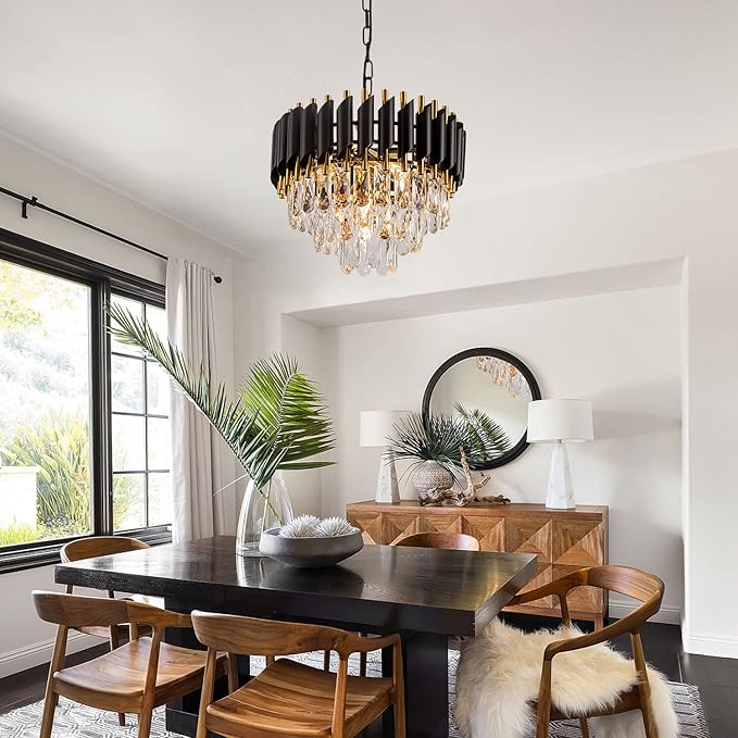 3-Tier Black Gold Crystal Chandelier 5-Light 15’’ Modern Crystal Pendant Chandelier Ceiling Light Fixture Hanging Lighting for Kitchen Island Dining Room Foyer Entryway Bedroom