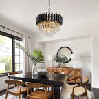 3-Tier Black Gold Crystal Chandelier 5-Light 15’’ Modern Crystal Pendant Chandelier Ceiling Light Fixture Hanging Lighting for Kitchen Island Dining Room Foyer Entryway Bedroom