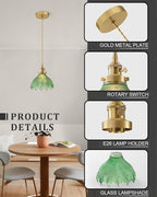 Vintage Glass Pendant Light，Green Flower Ceiling Pendant Light，Gold Adjustable Hanging Wire for Kitchen Island Dining Room Bedroom Hallway (8Inch - Green(C))