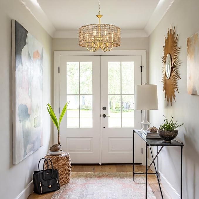 LynPon 17.7" Gold Rattan Chandelier Light Fixture, 6 Lights Boho Rattan Light Fixture with Hand Woven Wicker Shade, Farmhouse Vintage Chandelier for Dining Room Living Room Kitchen Bedroom Entryway