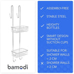 Bamodi Shower Caddy Hanging - 2 Tier Over Door Chrome Plated - No Drilling Required - Fits Shower Screens up to 0.78 inches - Hangable Shower Rack with 2 Towel Hooks (27.5 x 7.5 x 7.3 INCHES)