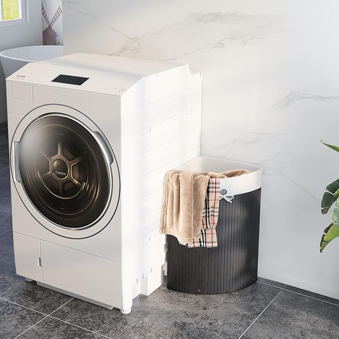 Giantex Corner Laundry Hamper with Lid, 58 L Bamboo Laundry Basket with Removable Liner & Handle, Triangle Clothes Hamper for Small Spaces, Bedroom, Bathroom, Laundry & Living Room (Black)