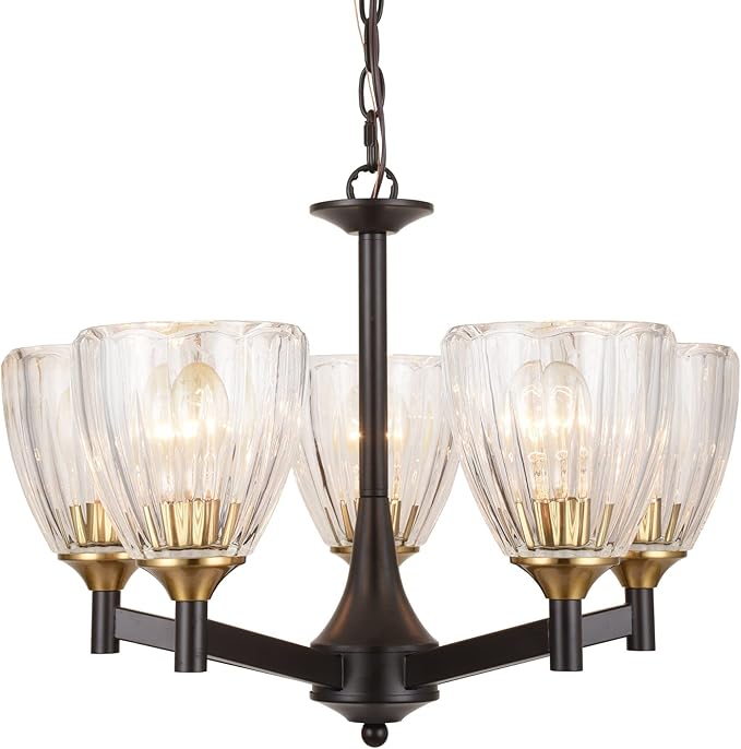 20" Chandelier for Dining Room, Brown Finish, 5 Light Hanging Chandelier for Living Room, Entryway, Bathroom and Bedroom EH1502C5