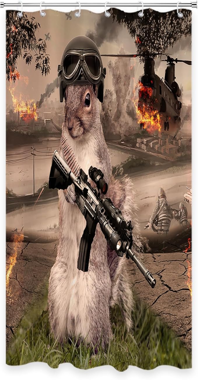 Funny Squirrel Warrior Shower Curtain Helicopter Animal Bathroom Set with 12 Hooks 72Hx36W inch Polyester Machine Washable Waterproof Brown Black and Green