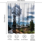 Retro Steam Train Theme Bathroom Bathtubs Fabric Shower Curtains Railroad Mountain Shower Curtain Set with 12 Hooks 72 x 72 inches Polyester Machine Washable, Black Green and White