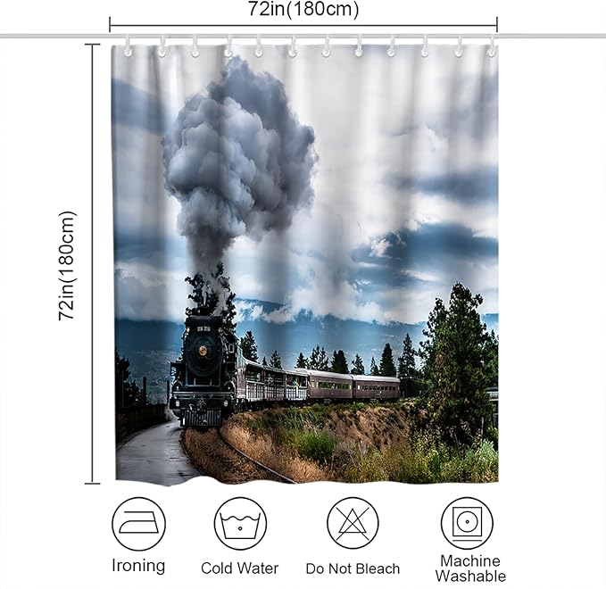 Retro Steam Train Theme Bathroom Bathtubs Fabric Shower Curtains Railroad Mountain Shower Curtain Set with 12 Hooks 72 x 72 inches Polyester Machine Washable, Black Green and White
