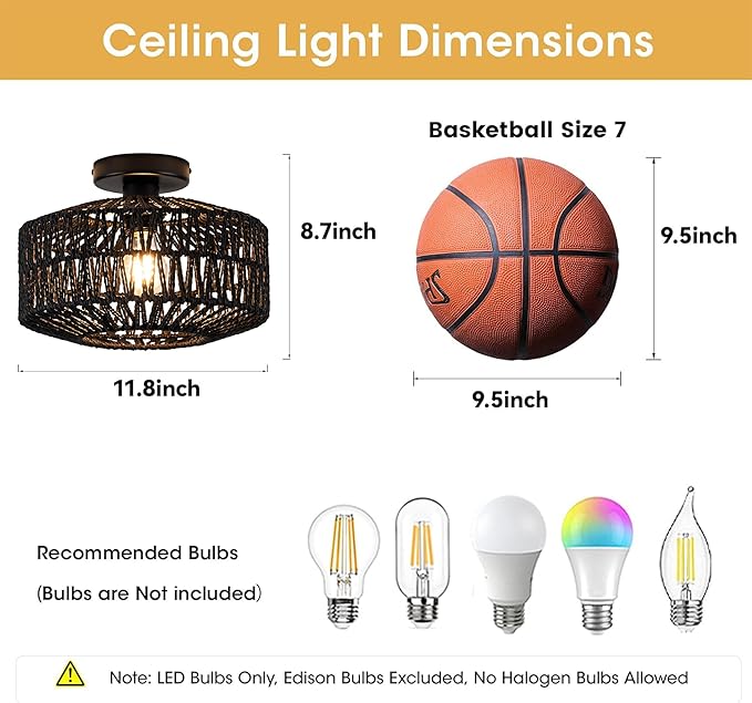 MAYNA Boho Ceiling Light Fixture, Black Rattan Light Fixtures Ceiling Mount,Mini Hand Woven Rattan Chandelier Light Fixtures for Bedroom Kitchen Entryway Living Room Hallway, Bulb NOT Included