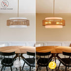 23.6" Rattan Chandelier with Linen Boho Farmhouse Hand Woven Bamboo Chandeliers Light Fixture Vintage Modern Drum Wicker Rattan Gold Chandelier for Dining Room, Kitchen, Living Room,Foyer