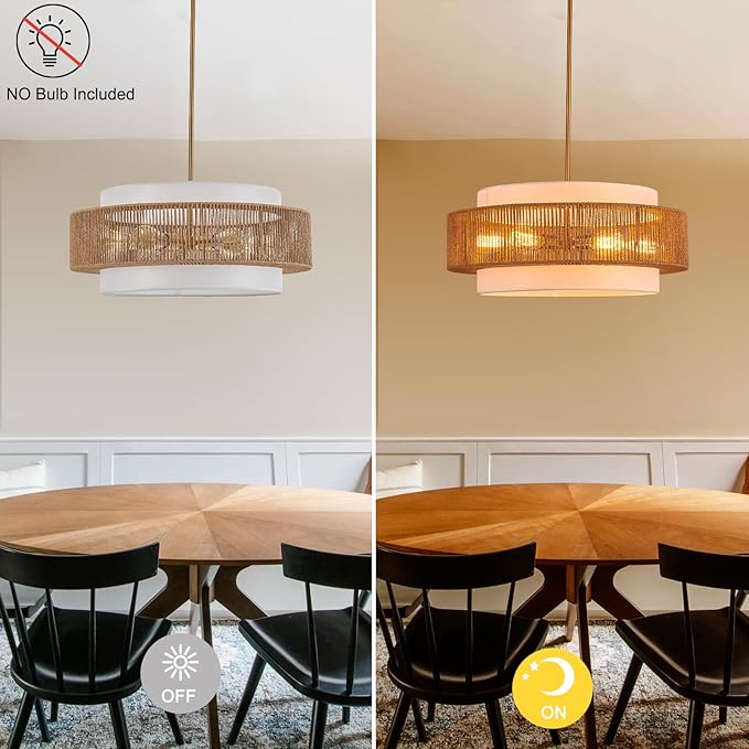 23.6" Rattan Chandelier with Linen Boho Farmhouse Hand Woven Bamboo Chandeliers Light Fixture Vintage Modern Drum Wicker Rattan Gold Chandelier for Dining Room, Kitchen, Living Room,Foyer