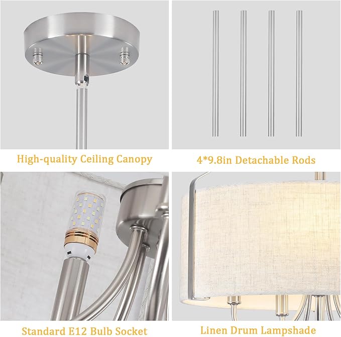 5-Light Drum Chandelier for Dining Room 18" Farmhouse Pendant Light with Linen Lampshade – Brushed Nickel Chandelier for Kitchen Island, Living Room, Bedroom, Entryway & Foyer