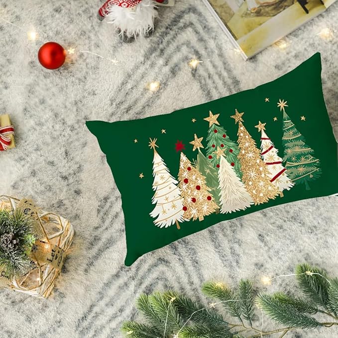 RABUSOFA Christmas Tree Pillow Covers 12x20 Inch,Watercolor Christmas Decorations Pillows Decorative Throw Pillows Gold Stars Xmas Lumbar Cushion Case for Home Decor Couch Winter Holiday(4-Green)